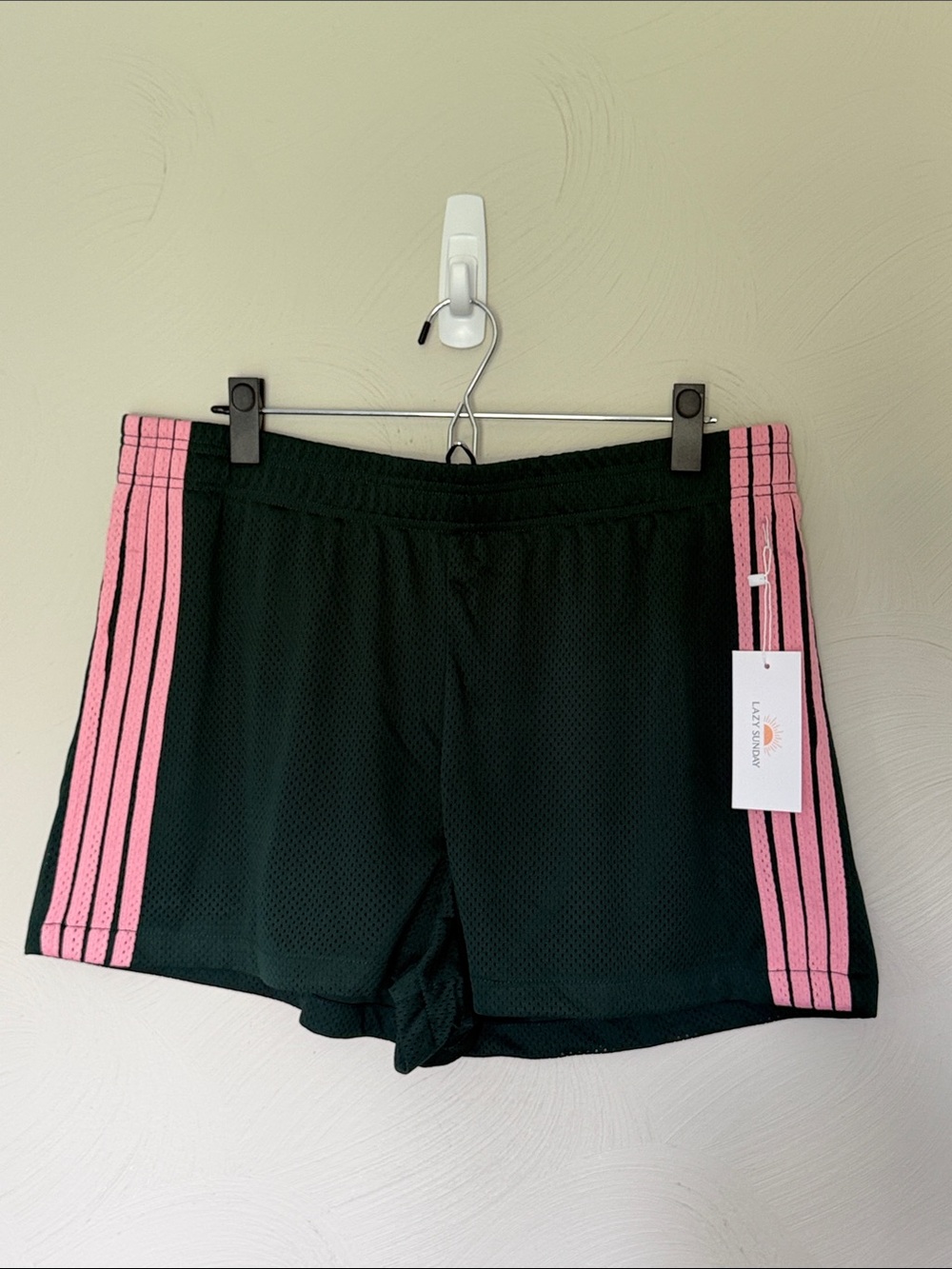 Women’s Green Athletic Mesh Shorts with Pink Side Stripes - Casual Performance